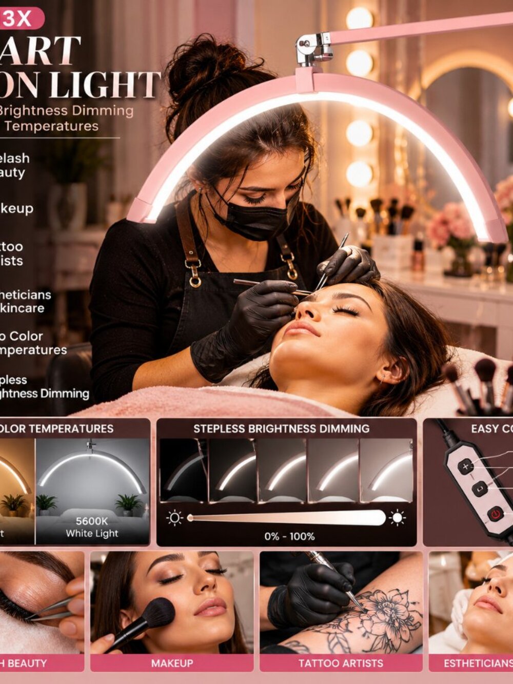 Half Moon LED Lash Light Pink 20W Eyelash Extension Beauty Lamp Desk Clamp Arm